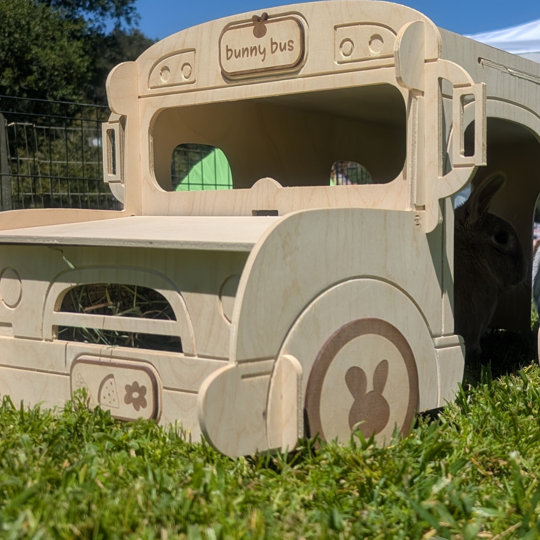 bunny bus hideout, wooden rabbit hideout, bunny playhouse with hay feeder