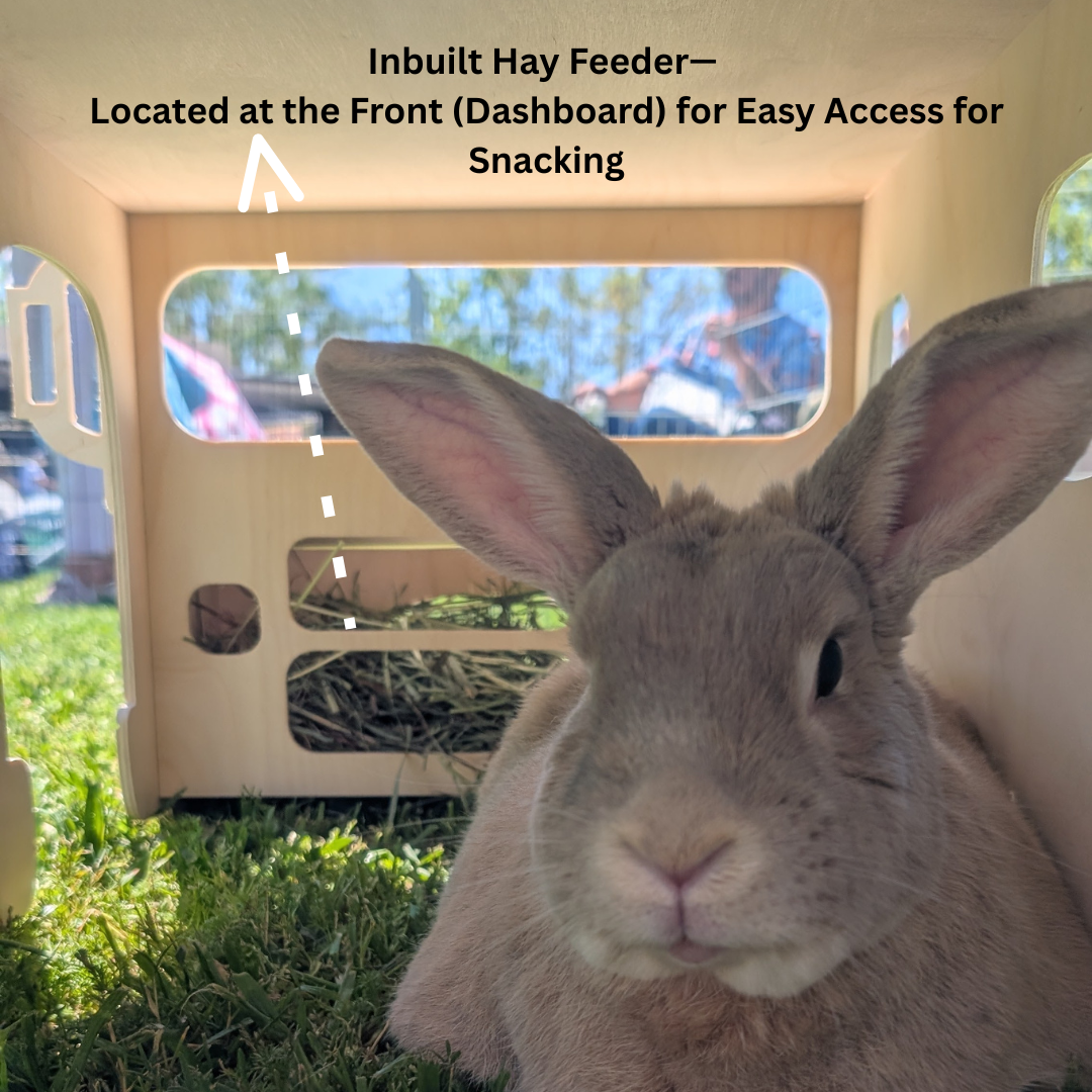 unny bus hideout, wooden rabbit hideout, bunny playhouse with hay feeder, dashboard hay feeder rabbit toy, Baltic birch bunny house, rabbit enrichment hideout, chew-safe rabbit furniture, bunny tunnel house