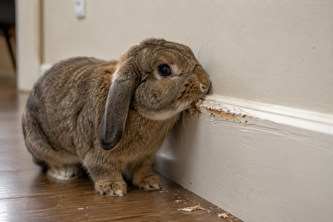 Pet house rabbit chewing on a wooden baseboard inside an indoor home.