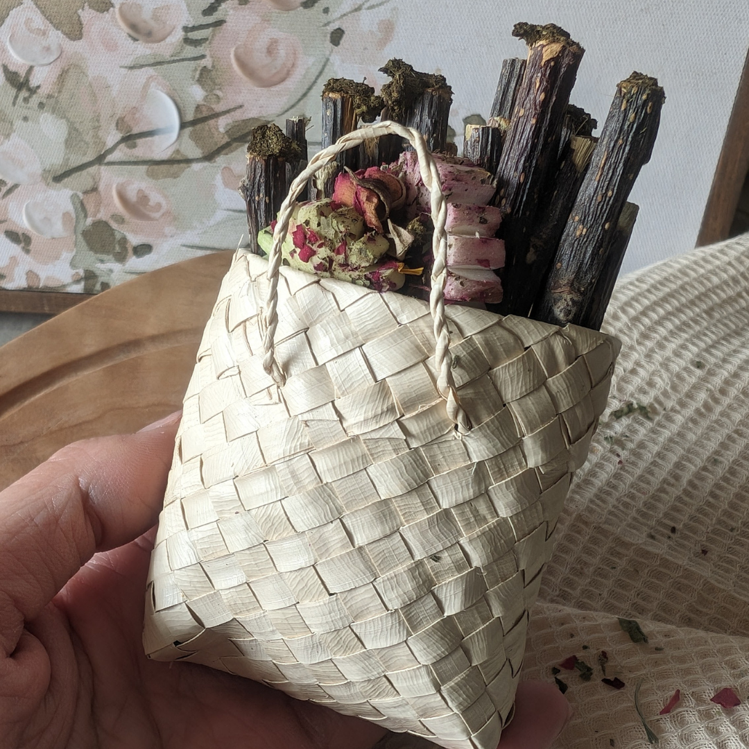 Natural Woven Buri Palm Bag and Apple Sticks for Bunnies, Guinea pigs, Hamsters